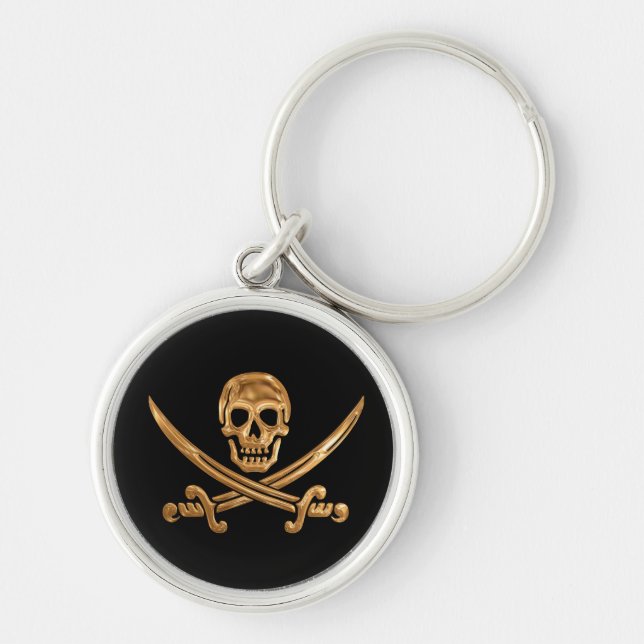 Guld Jolly Roger Rund Silverfärgad Nyckelring (Framsidan)