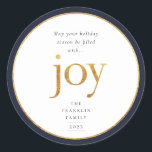 Guld Joy Modern julklapp, fransk julklapp Runt Klistermärke<br><div class="desc">Må julhelgen fyllas med glädje. Golden faux foil från munnen och runt faux foil från ram med mörk marin blå gräns,  helgdag-dekal.</div>