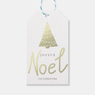 Guld- Joyeux moderna Noel skrivar julgranen Presentetikett
