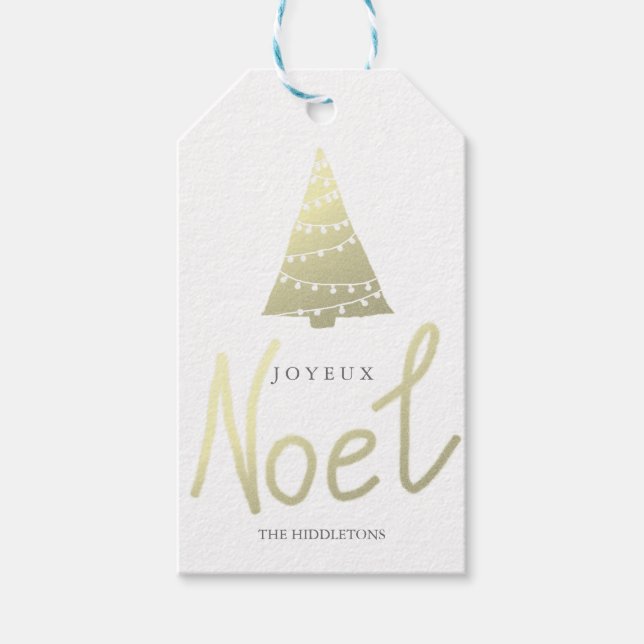 Guld Joyeux Noel Modern Script Julgran Presentetikett (Framsidan)