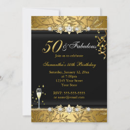 Guld judel Löv 50 Fabulous Birthday Black Inbjudningar