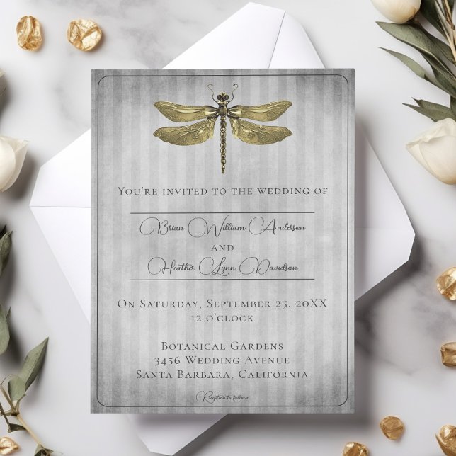Guld judiskt Dragonfly Bröllop Inbjudningar (Gold Jeweled Dragonfly Wedding Invitation)