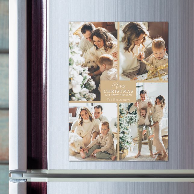 Guld jul 4 fotokollage Magnetiska kort (Magnetic greeting cards with Merry Christmas and 4 photos with a gold border)