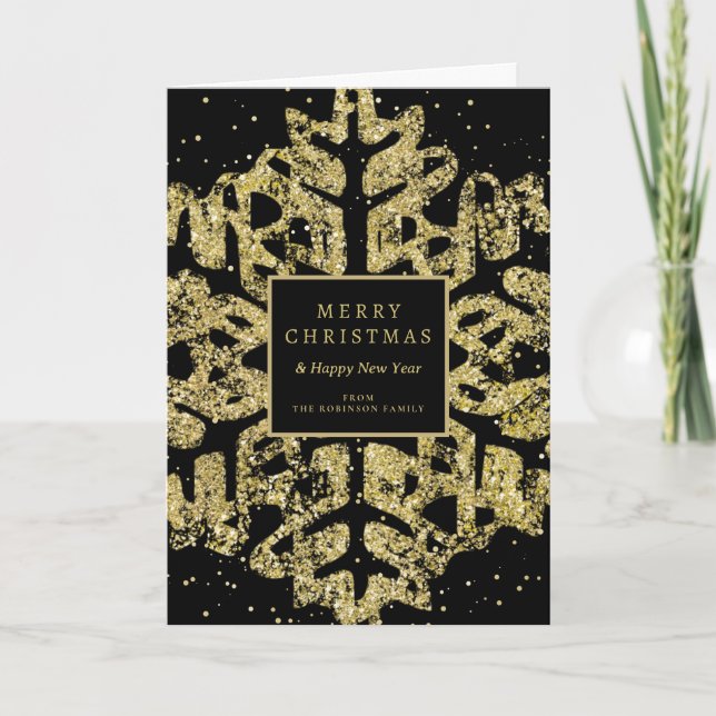 Guld jul Glitter Snowflake Corporate Black Helgkort (Framsida)