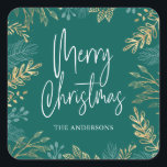 Guld jul Greenery på Mörk Teal Helgdag Fyrkantigt Klistermärke<br><div class="desc">Försegla dina julkort med den här snyggten-klistermärket med en gräns av guld helgdag-grönenery på mörkens baksida. God jul är ett handskrivet trendig stil. Anpassa med ditt namn.</div>
