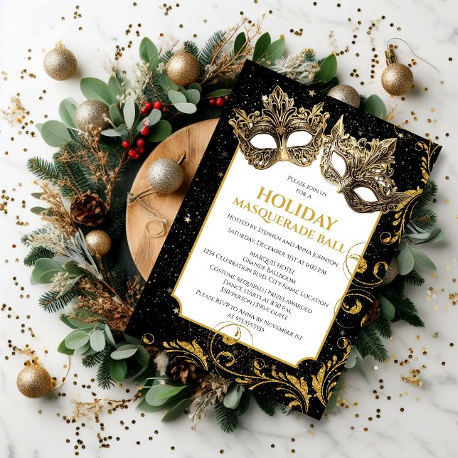 Guld jul Helgdag MasqueraBoll Inbjudningar (Enjoy celebrating Christmas and the Holidays by inviting your guests for a holiday masquerade ball.)