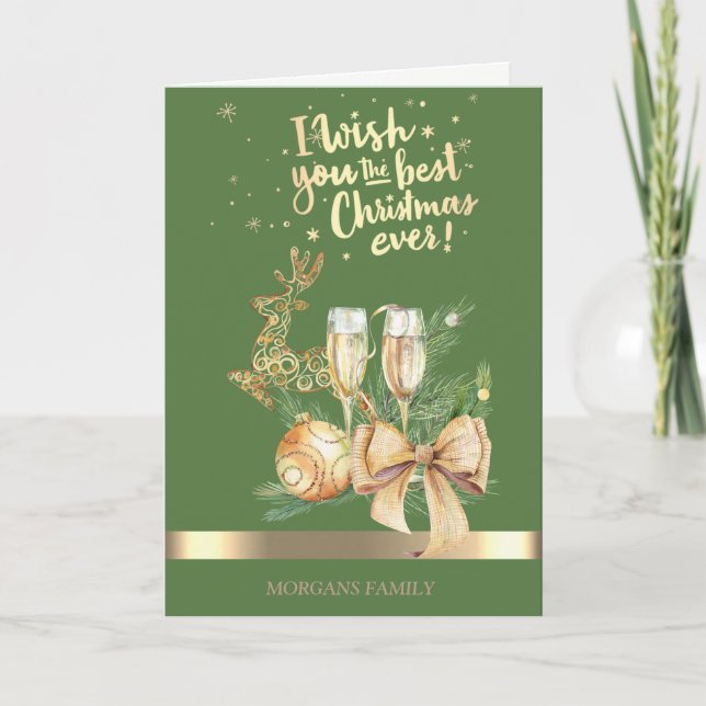 Guld-jul, Hjort,Boll,Vin-glas,Bow Helgkort (Framsida)