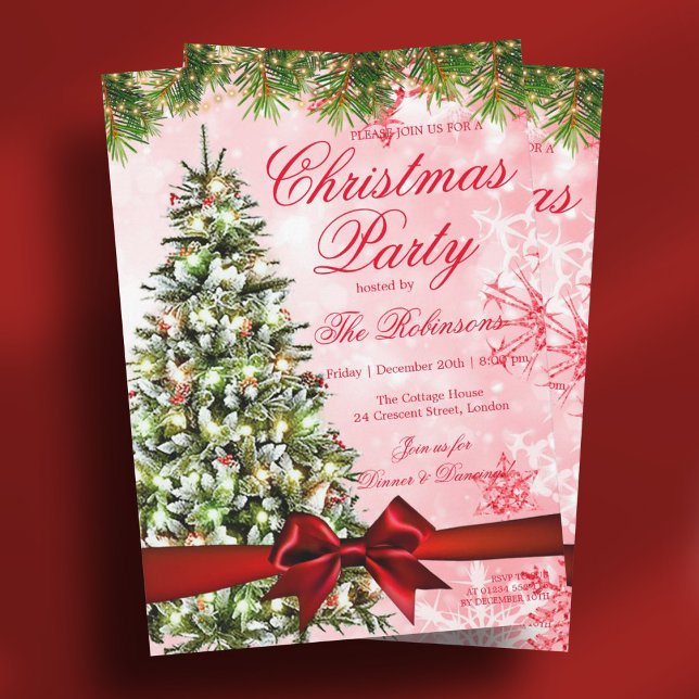 Guld, jul, Party, Julafton, Träd, Ljus och menyfli Inbjudningar (Gold Christmas Party Xmas Tree Lights & Ribbon Red Invitation)