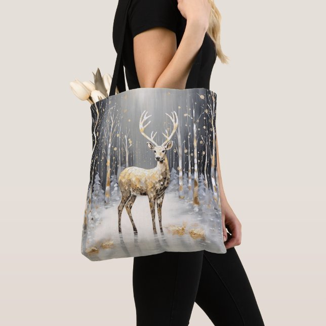 Guld jul Reindeer Helgdag Tote Bag Tygkasse (Närbild)