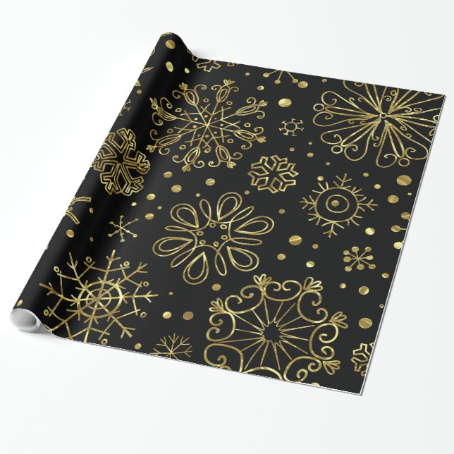 Guld jul Snöflingor på Black Presentpapper (Utrullad)