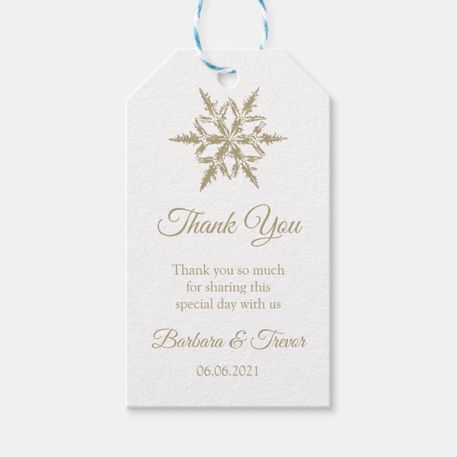 Guld jul Snöflingor Winter Wedding Tack Presentetikett (Framsidan)