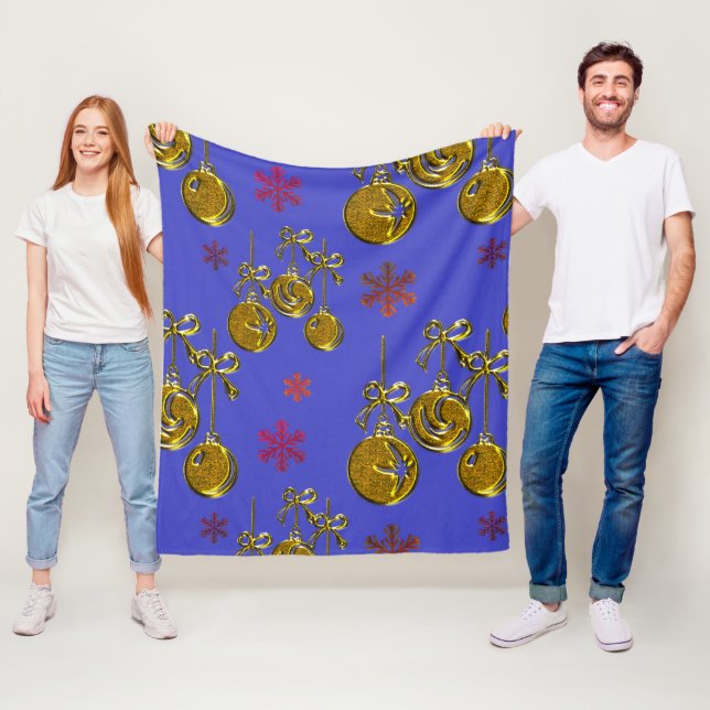 Guld Julafton Baubles och Snöflingor Blue-jul Fleecefilt (På plats)