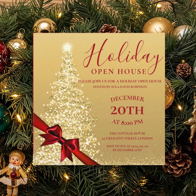 Guld Julafton Träd Helgdag Jul -  - öppen hus Invi Inbjudningar (Gold Xmas Tree Christmas Holiday Open House Invit Invitation)