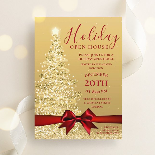Guld Julafton Träd, Helgdag - Öppet hus Inbjudningar (Gold Xmas Tree Christmas Holiday Open House Invitation)