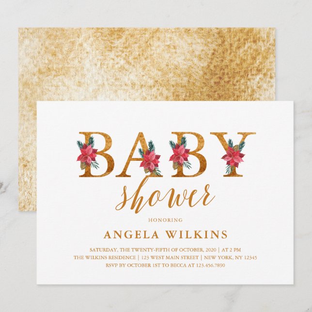 Guld julblommig baby shower inbjudningar (Fram/baksida)