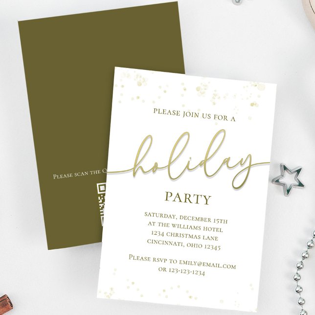 Guld Julfest Calligraphy Script-Anpassningsbar Inbjudningar (Holiday party gold gradient calligraphy script invitation. With a scannable QR Code.)