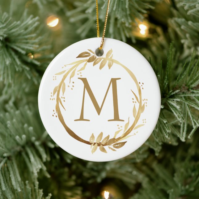 Guld-julfransmonogram och familjefoto julgransprydnad keramik (Träd)