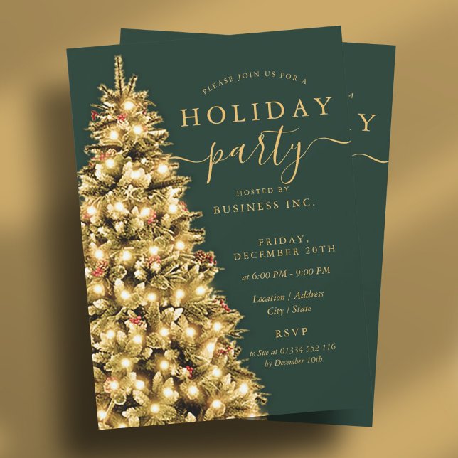 Guld Julgran Corporate Julfest Grönt Inbjudningar (Gold Christmas Tree Corporate Holiday Party Green Invitation)