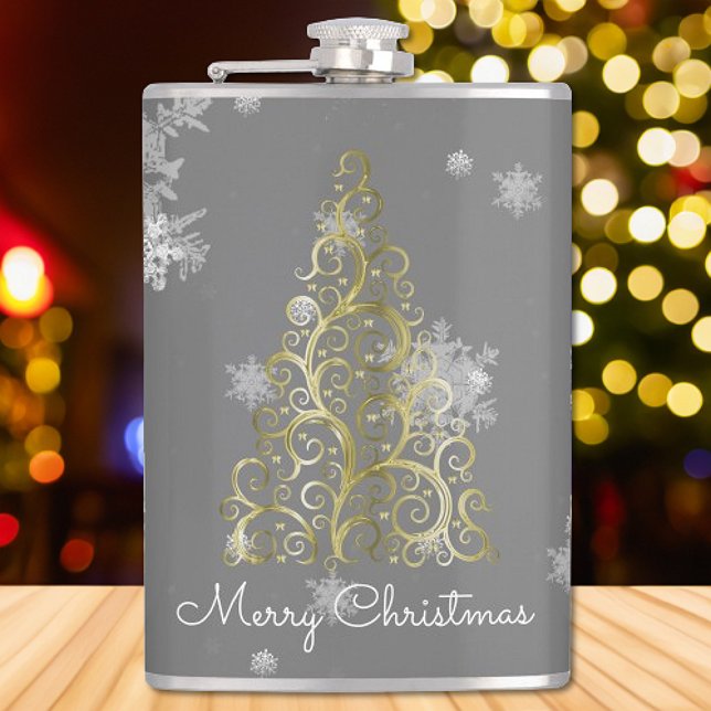 Guld Julgran och Snöflingor-kolv Fickplunta (Gold Christmas Tree and Snowflakes Flask)