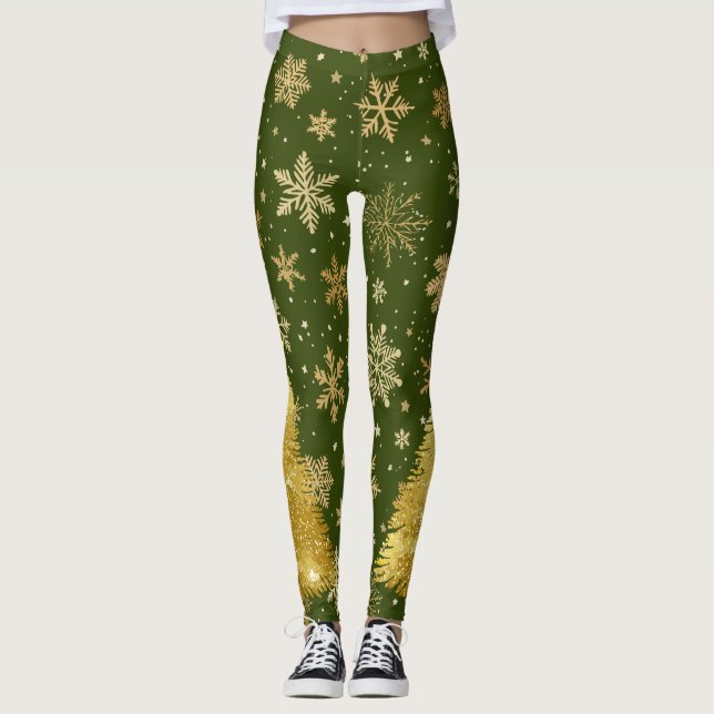 Guld Julgran och Snöflingor Leggings (Framsida)