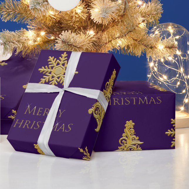 Guld julgran snöflinga på lila presentpapper (Helgdagar)