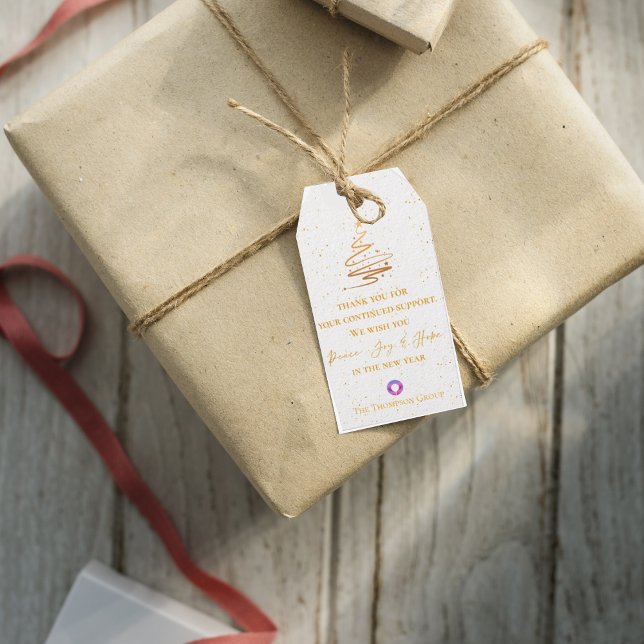 Guld Julgran Tack Message Corporate Presentetikett (Gold Christmas Tree Thank You Message Corporate Gift Tags)