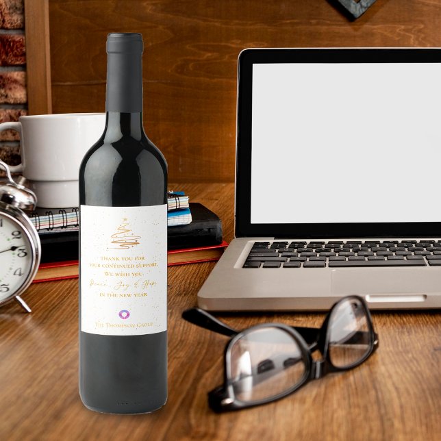 Guld Julgran Tack Message Corporate Vinflaska Etikett (Gold Christmas Tree Thank You Message Corporate Wine Label)