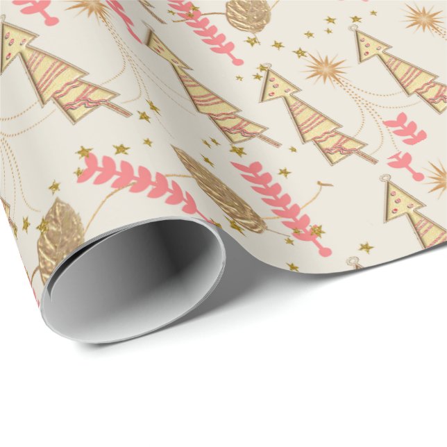 Guld Julgranar Wrapping Papper Beige Presentpapper (Rullad Hörn)