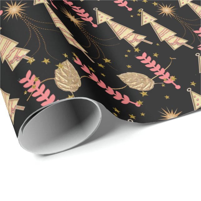 Guld Julgranar Wrapping Papper Black Presentpapper (Rullad Hörn)