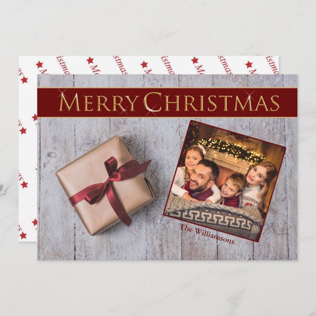 Guld Julklapp på Snowy Deck Photo Julkort (Fram/baksida)