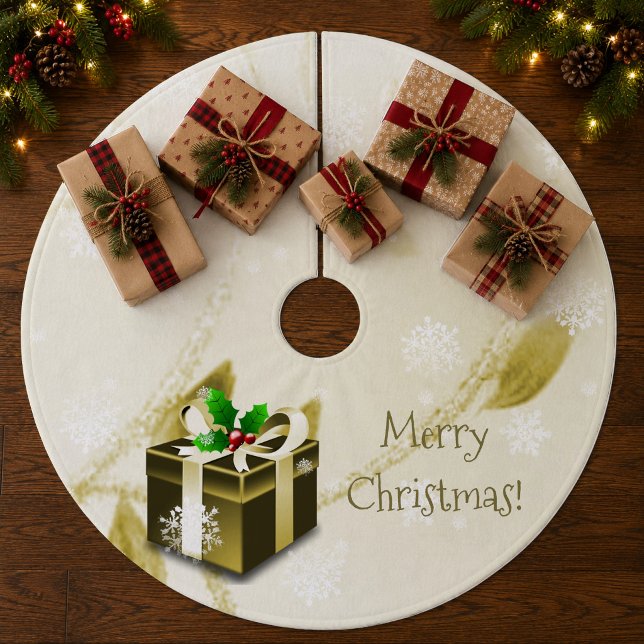Guld Julklapps Träd Mats Julgransmatta Fleece (Gold Christmas Gift Tree Skirt)