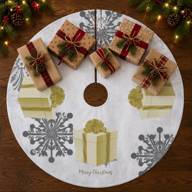 Guld julklapps trädskört julgransmatta fleece (Gold Christmas Gift Tree Skirt)