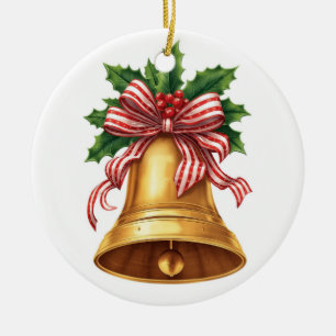 Guld julklocka julbock och randig rosett julgransprydnad keramik