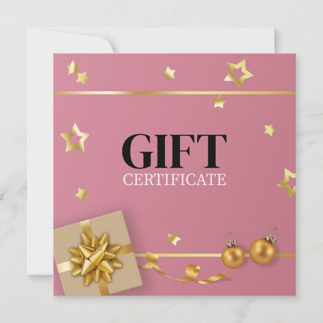 Guld julkort Boll Stars Ribbon Rosa Gift Card (Framsida)