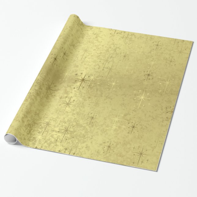 Guld- julstjärnor omkullkastar på papper presentpapper (Utrullad)