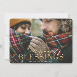 Guld jultoma blesses red plaid-fotokort julkort