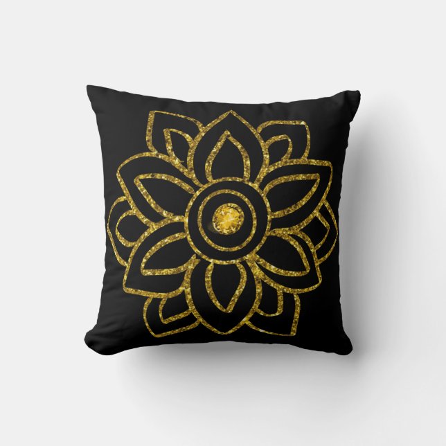 Guld jultomten Poinsettia på Black Kudde (Framsida)