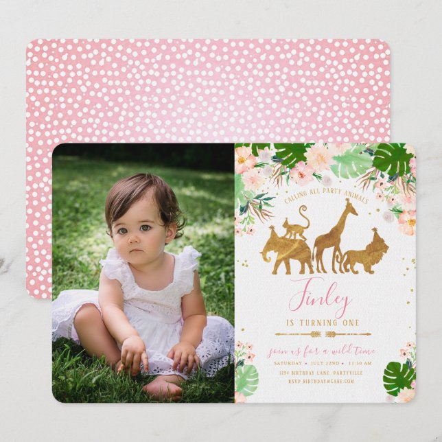 Guld Jungle Animal & Blommigt Photo Birthday Inbju Inbjudningar (Fram/baksida)