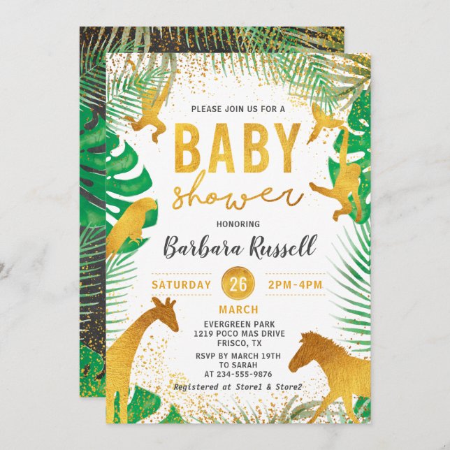 Guld Jungle Animals Safari Boy Baby Shower Inbjudningar (Fram/baksida)