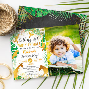 Guld Jungle Animals Safari Boys Photo Birthday Inbjudningar