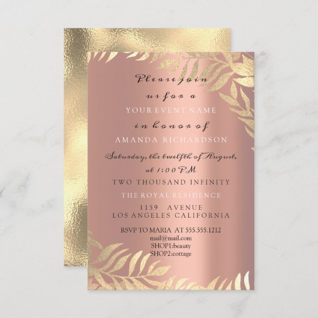 Guld Jungle Ros Rosa Guld Elegant Bröllop Födelsed Inbjudningar (Fram/baksida)