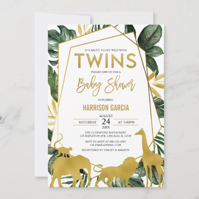 Guld Jungle Safari Animals Twillingar Baby Shower Inbjudningar (Framsida)