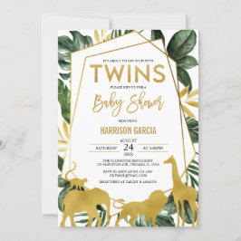 Guld Jungle Safari Animals Twillingar Baby Shower Inbjudningar