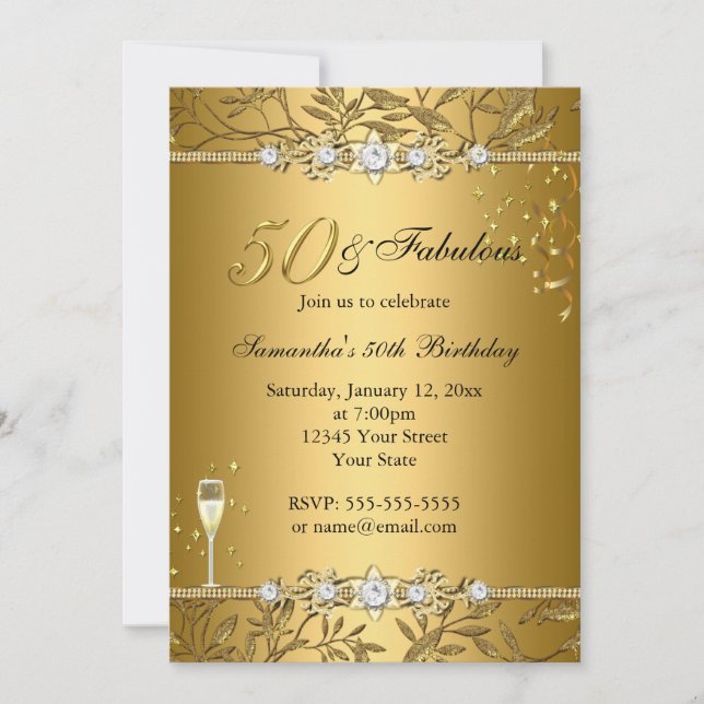 Guld Juvel Blad 50 & Fantastisk Födelsedagsinbjuda Inbjudningar (Framsida)