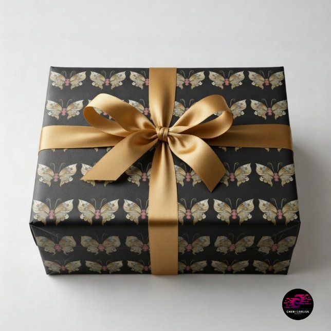 Guld Juvelbesatt Fjäril Presentpapper (Black and gold butterfly wrap that turns every gift into a luxe statement ✨)