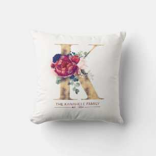 Guld K Monogram Blommigt Burgundy Red and Navy Blu Kudde