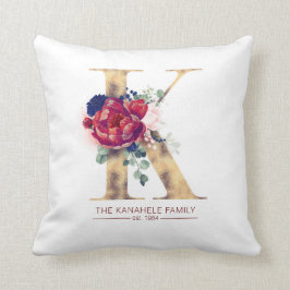 Guld K Monogram Blommigt Burgundy Red and Navy Blu Kudde