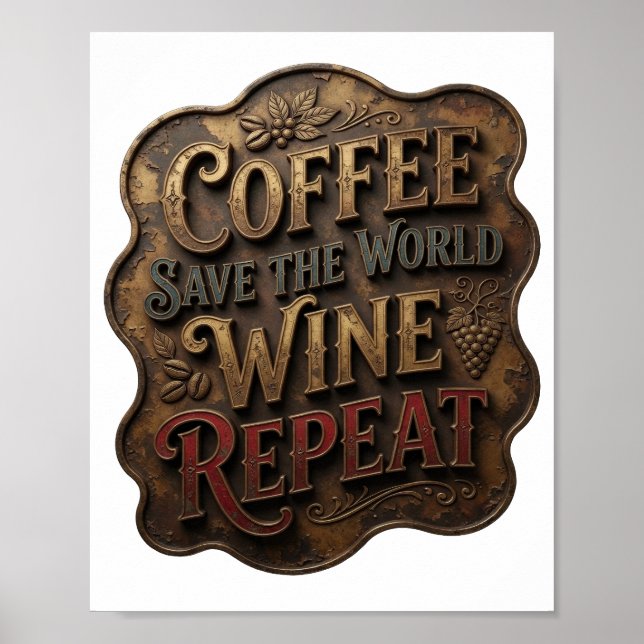 Guld KAFFE RÄDDA VÄRLDEN VIN REPETERa Poster (Framsidan)