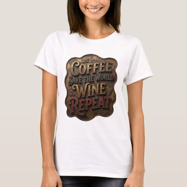 Guld KAFFE RÄDDA VÄRLDEN VIN UPPREPA T-shirt (Framsida)