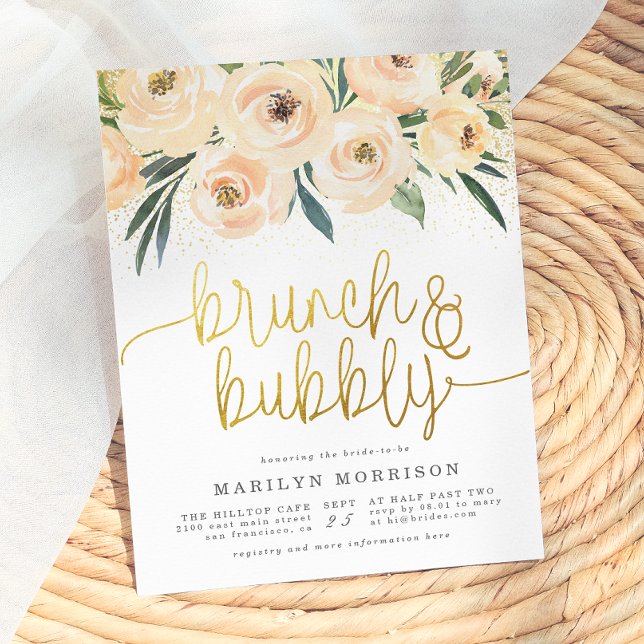 Guld kalligrafi Blommig Brunch & Bubbly Inbjudan Vykort (Skapare uppladdad)
